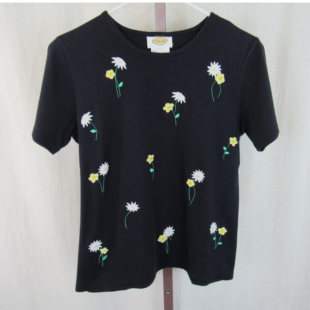 Talbots Small Embellished Daisy Black Tee Shirt Floral Pattern Daisies White